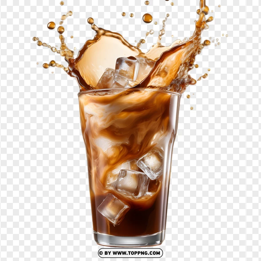 Splashing Iced Coffee With Ice Cubes PNG Transparent Background