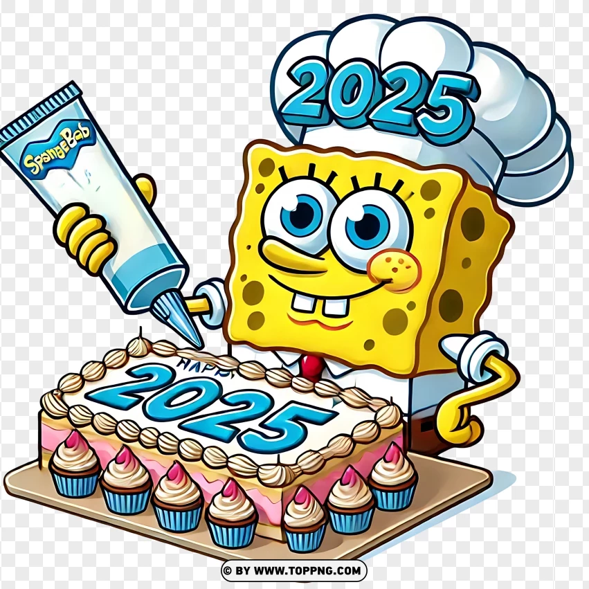 Spongebob Decorating A Festive 2025 Cake PNG Transparent Background