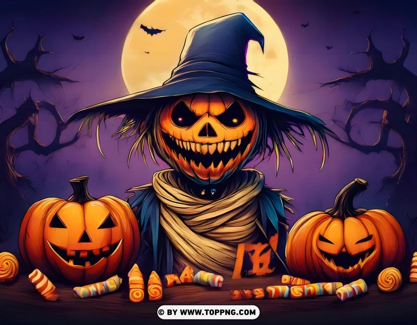 happy Halloween wallpaper, spooky scarecrow, Halloween pumpkins, eerie full moon, haunted Halloween scene, creepy scarecrow, Halloween night