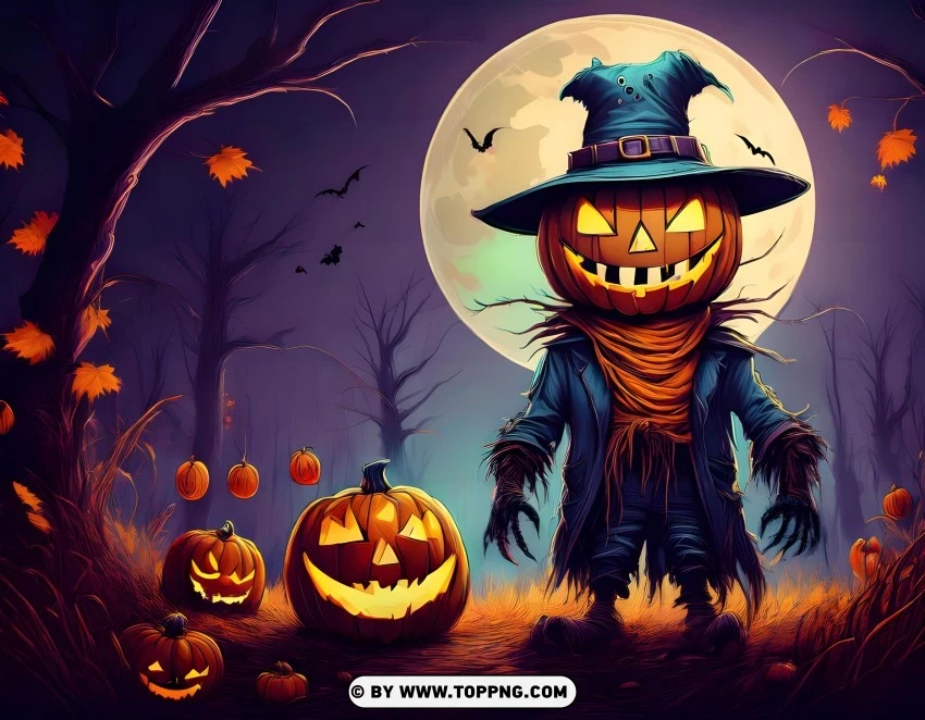 happy Halloween wallpaper, spooky scarecrow, Halloween pumpkins, eerie full moon, haunted Halloween scene, creepy scarecrow, Halloween night