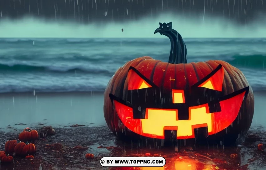 Spooky Shoreline Halloween Rainy Night PNG Transparent Background