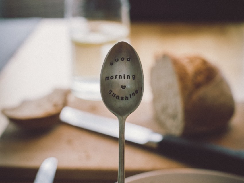 Spoon Inscription Mood Morning Dishes Breakfast Background