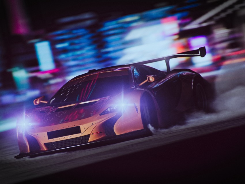 sportscar, drift, speed, night, light, smoke