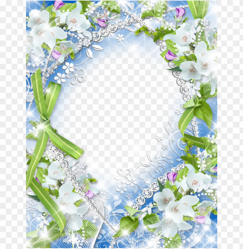 floral design, blue background, lace decor, white flowers, green ribbons, decorative frame, summer flowers