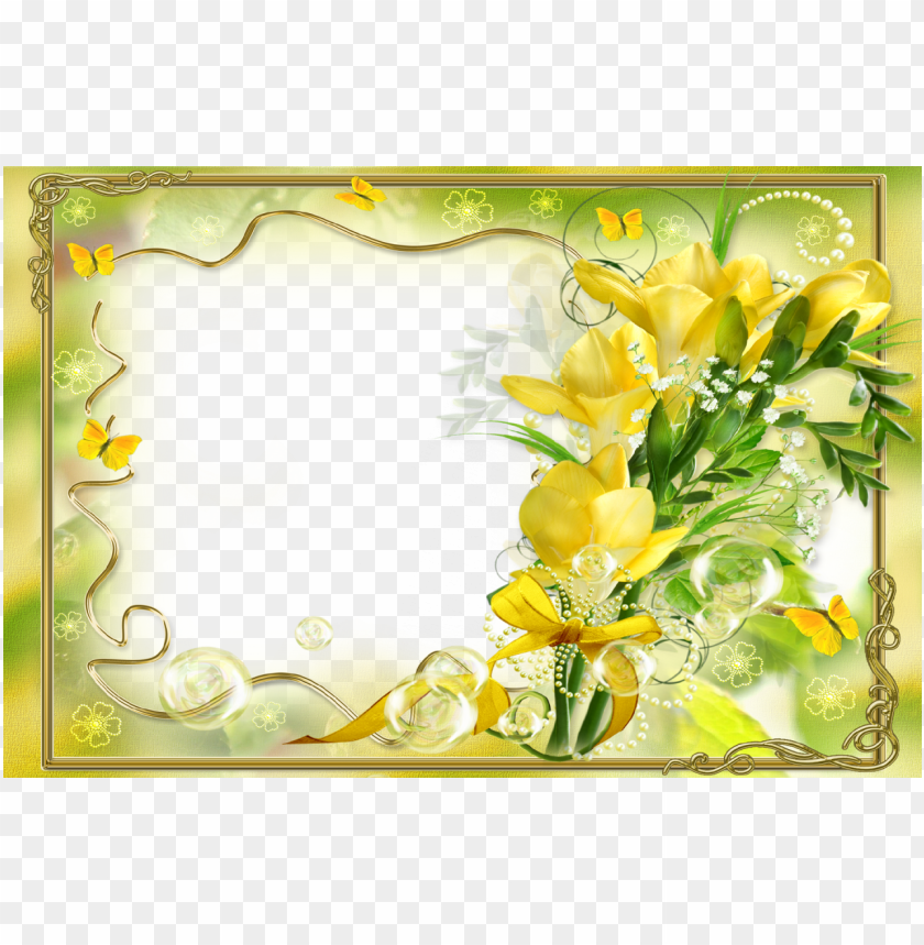 flowers, yellow blossoms, green leaves, decorative butterflies, bubbles, nature frame, floral arrangement