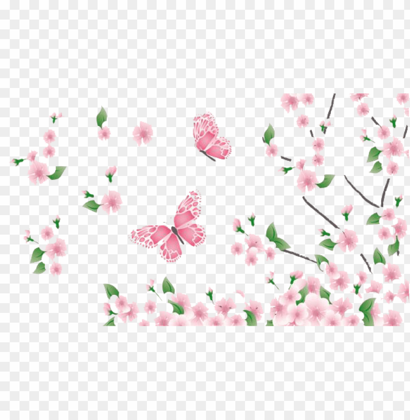 cherry blossoms, pink flowers, butterflies, floral design, nature elements, spring scenery, garden decor