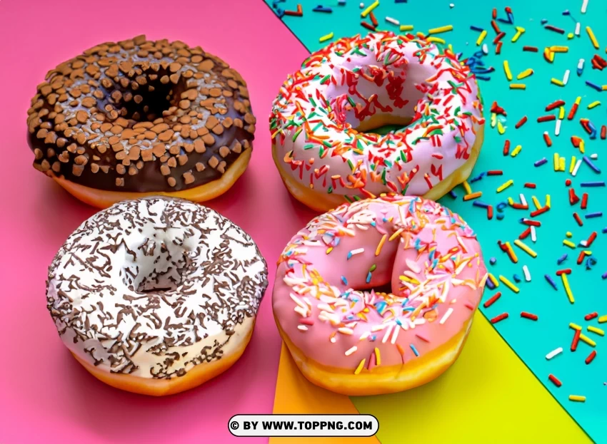 Sprinkled Round Donuts On Bright Multi Colored Top View PNG Transparent Background