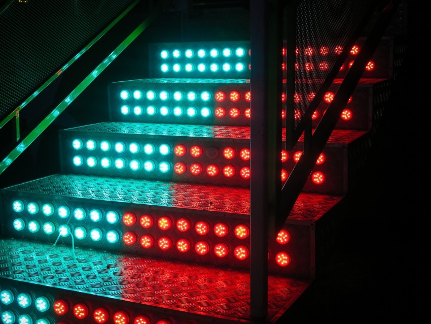 Stairs Steps Backlight Neon Light Bulbs Blue Red Background