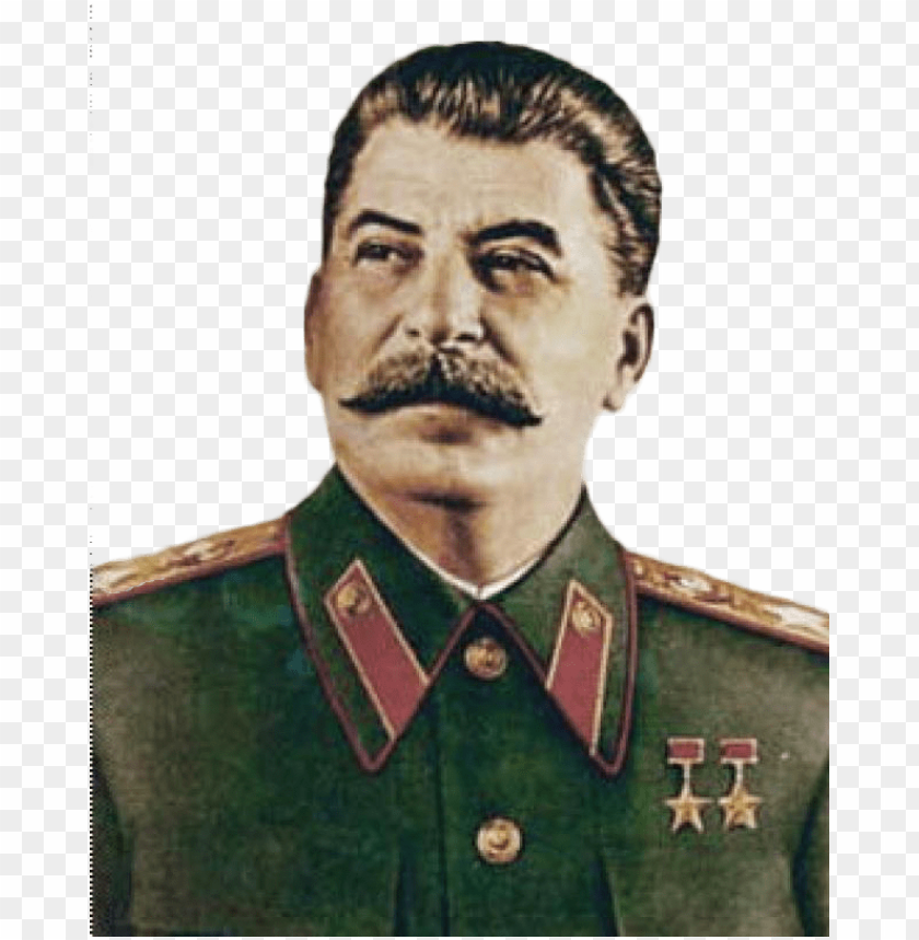 Portrait of Joseph Stalin in military uniform with medals, transparent background.