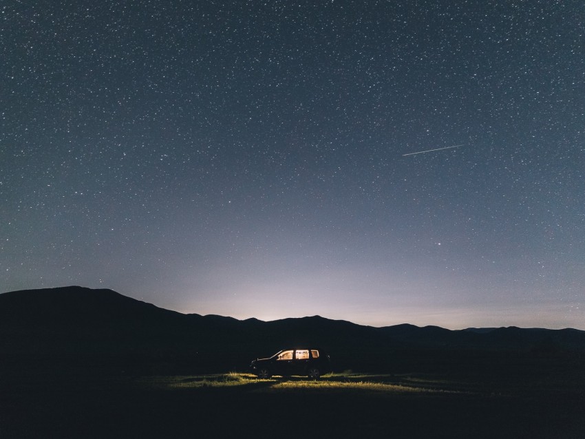 starry sky, car, night, light, horizon