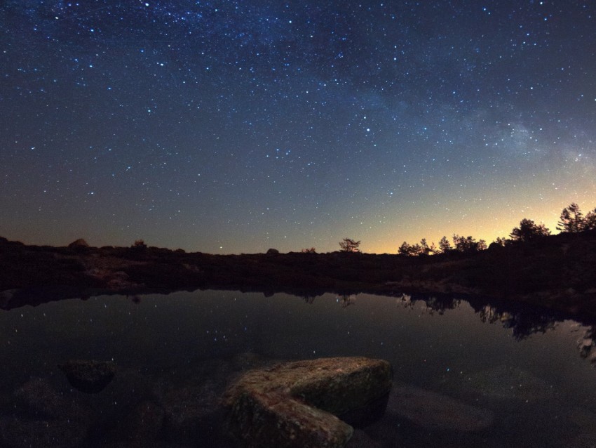 starry sky, lake, night, horizon, reflection