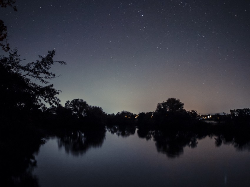 starry sky, lake, night, landscape, trees, horizon