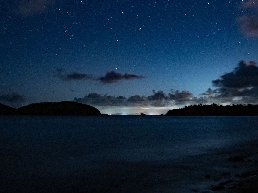 starry sky, night, horizon, island, stars, shine