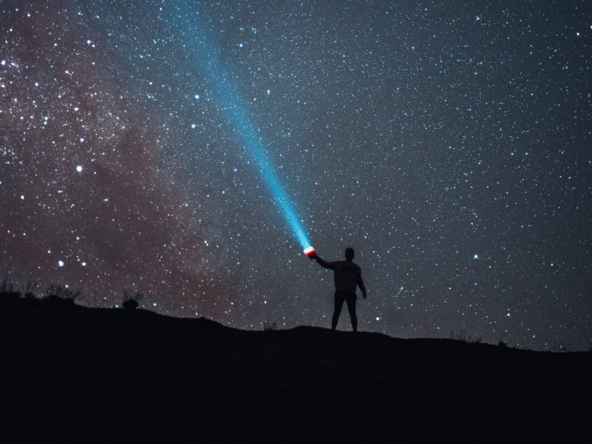 starry sky, night, silhouette, light, flashlight