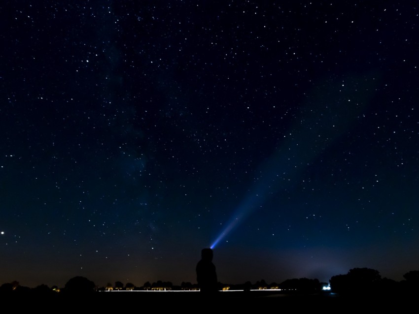 starry sky, silhouette, light, ray, night