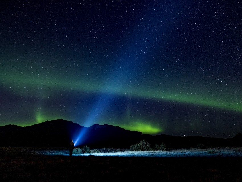 Starry Sky Silhouette Northern Lights Loneliness Light Night Background