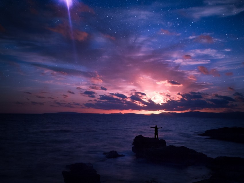 starry sky, silhouette, rock, sea, horizon, night