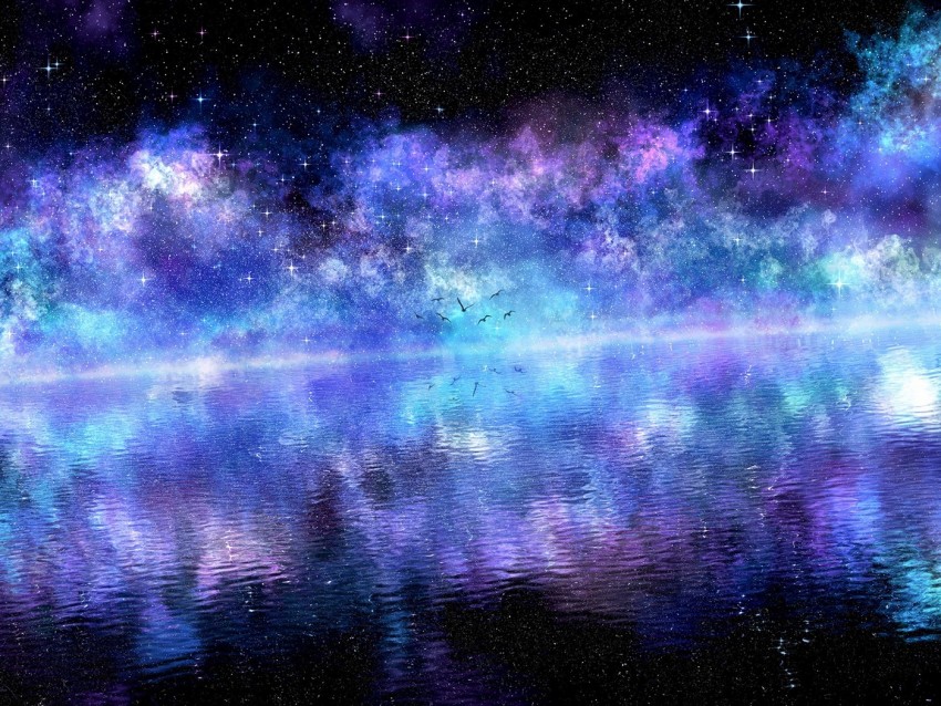 Starry Sky Water Birds Surface Reflection Purple Clouds Shining Background