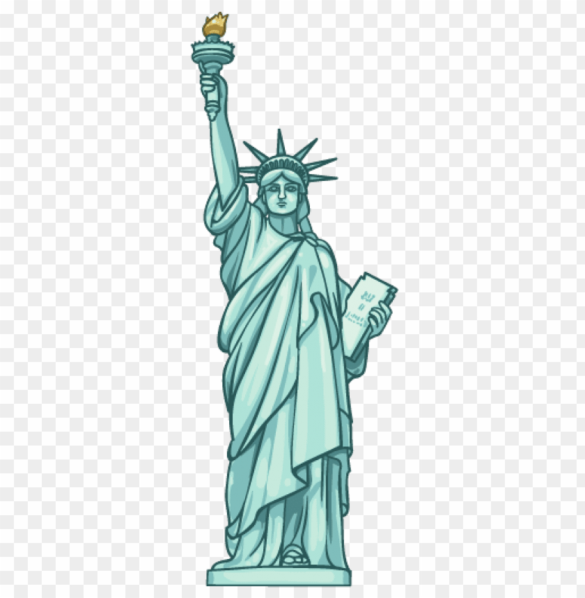 Illustration of the Statue of Liberty holding a torch and tablet on a transparent background.