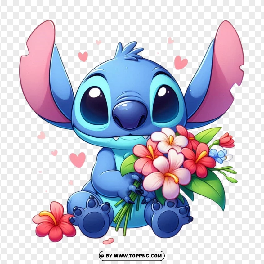 Stitch With A Bouquet Of Flowers PNG Transparent Background