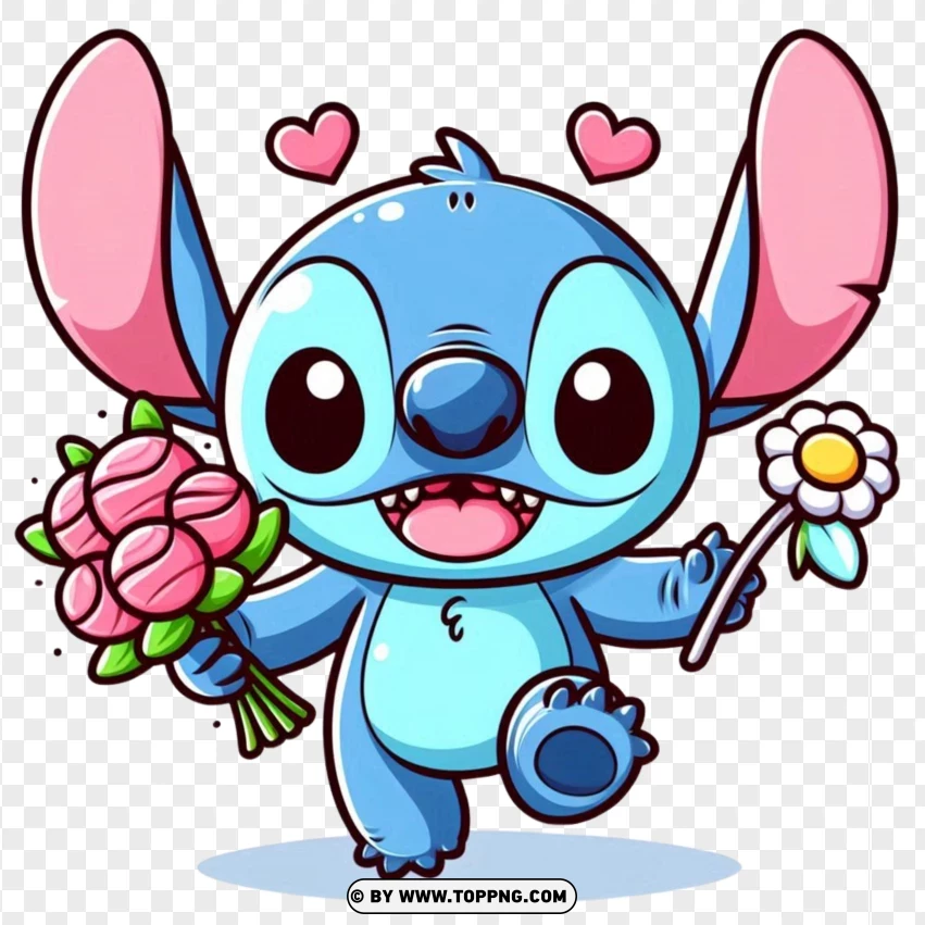 Stitch Kawaii With Flowers PNG Transparent Background