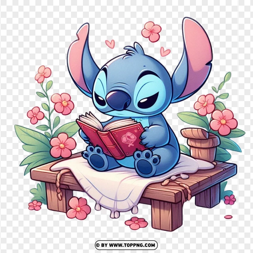 Stitch Reading A Book With Flowers PNG Transparent Background