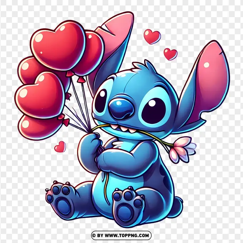 Cute Stitch Holding Heart Balloons PNG Transparent Background