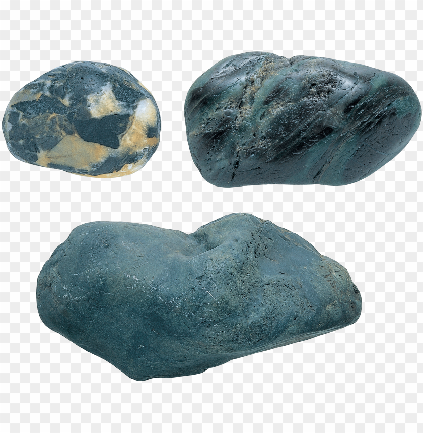 Three different textured greenish rocks on a transparent background.