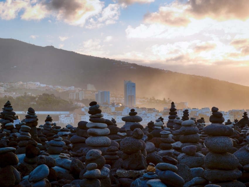 stones, city, mountains, fog, landscape