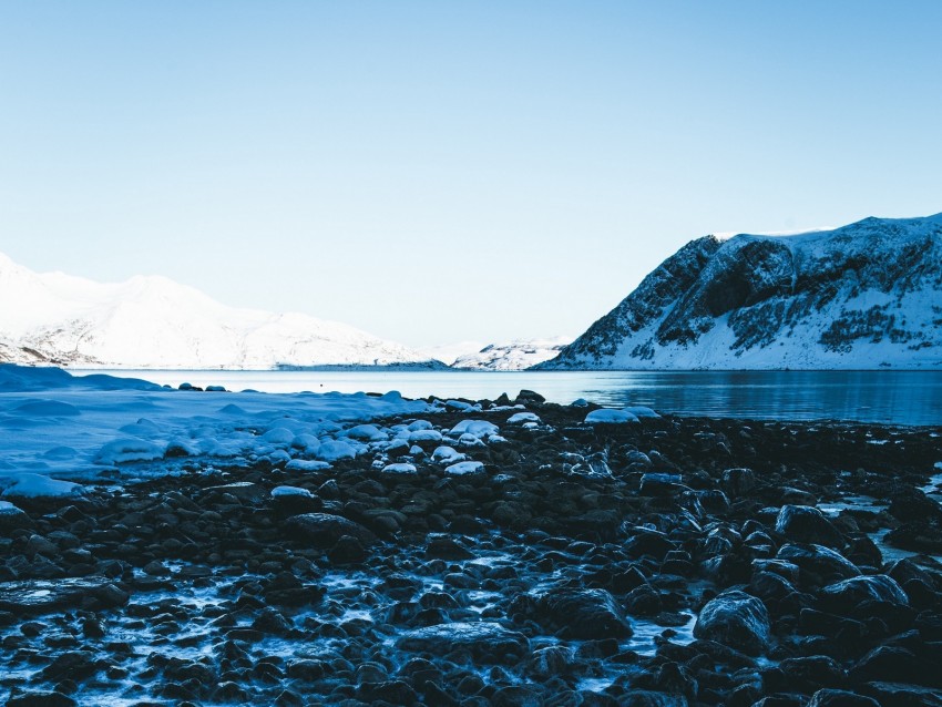 stones, mountains, lake, snow, sky