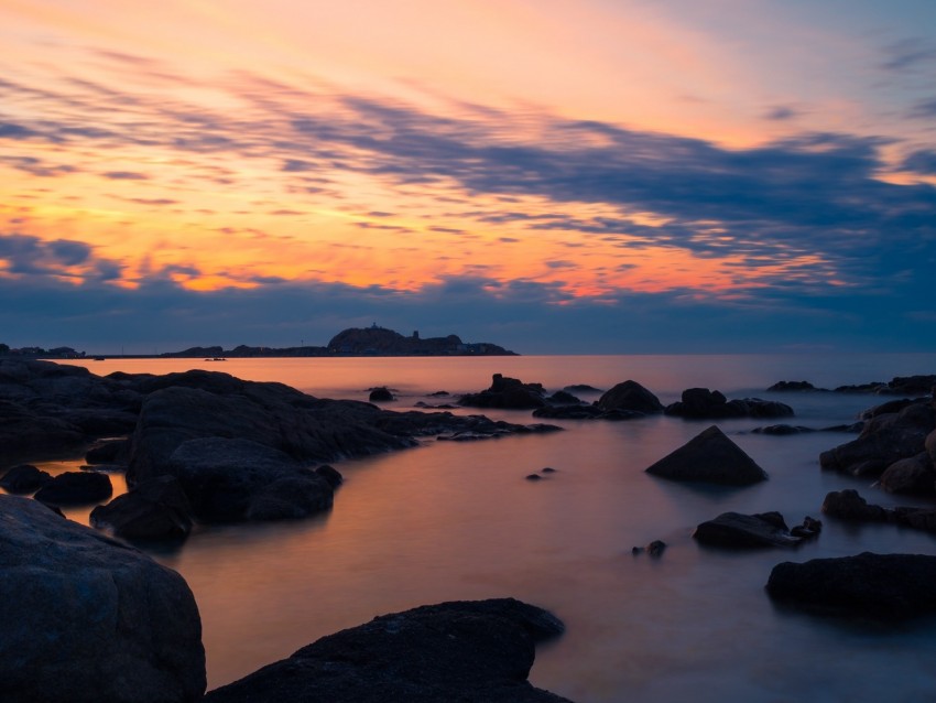 stones, sea, sky, evening, coast, mediterranean