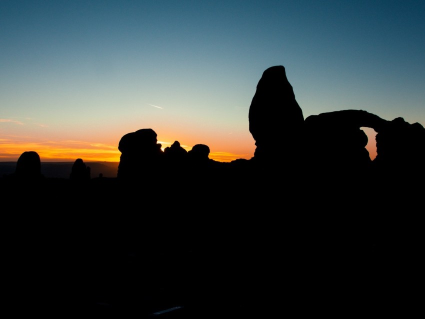 stones, sunset, silhouettes, utah, sky