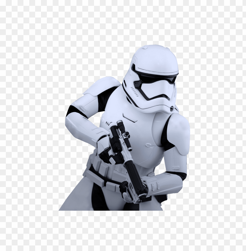 Stormtrooper figure holding a blaster in action, transparent background.