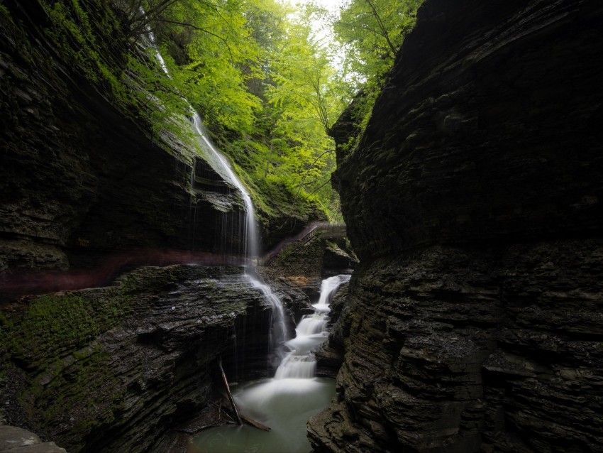 Stream Waterfall Rocks Stone Trees Background