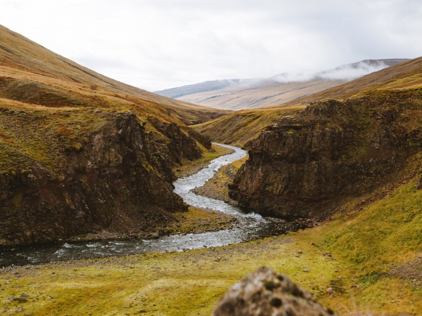 Stream Winding Hills Stones Moss Greens Background