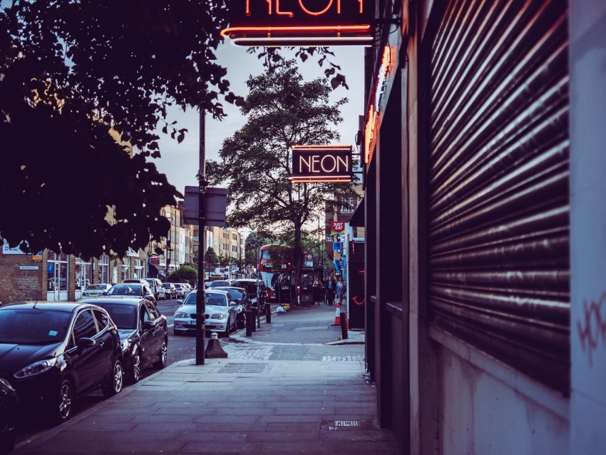 street, city, signboards, sidewalk, cars, buildings