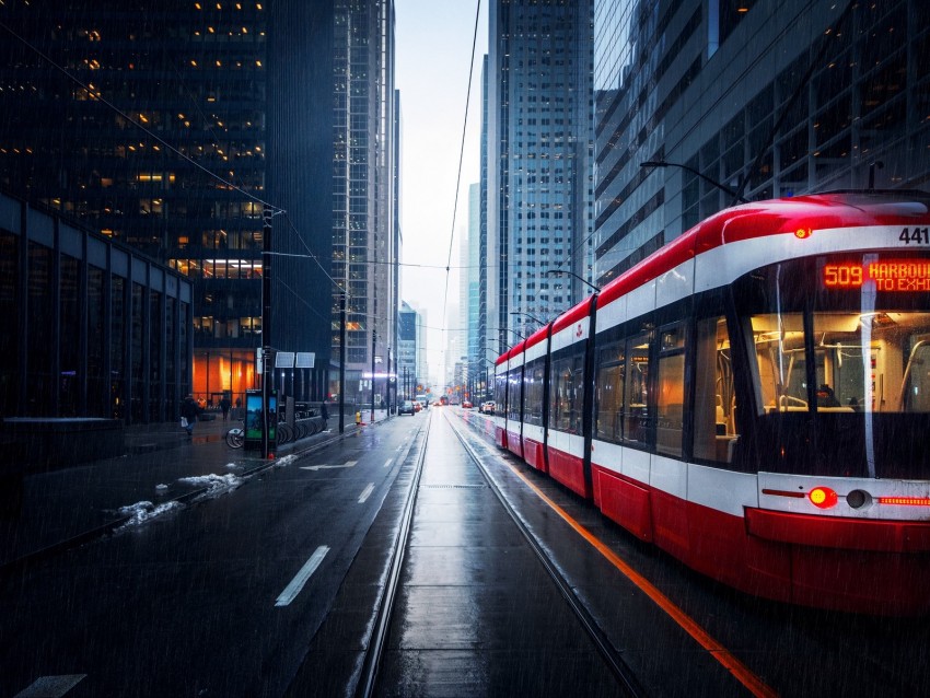 Street City Tram Buildings Rain Background