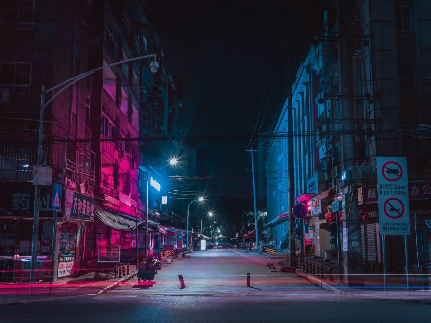 street, night city, neon, buildings