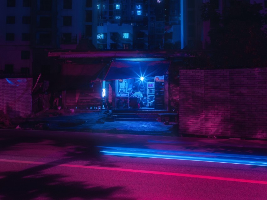 street, night, neon, light, city, buildings