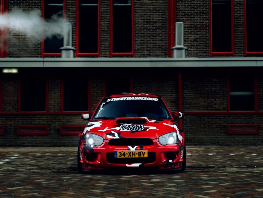 subaru impreza sti wrx, subaru, sportscar, front view, camouflage, red