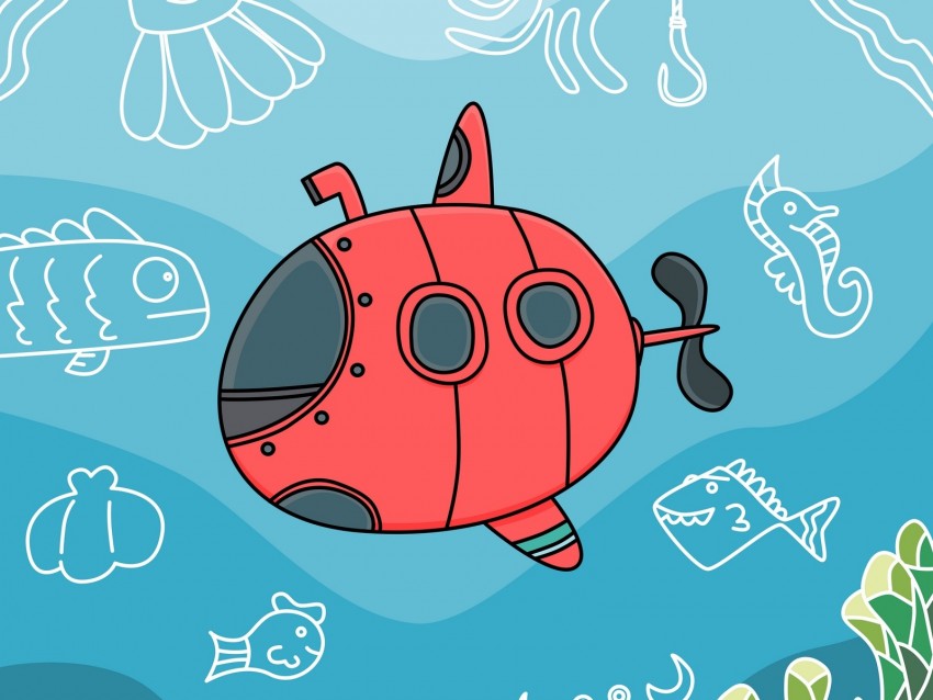 submarine, fish, depth, art, vector