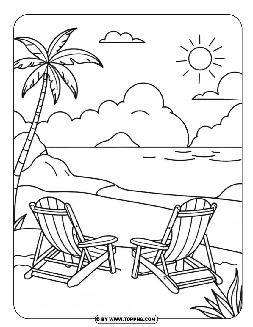 summer beach, Summer Coloring Page, Summer Outline,sandy, Cartton, Landscape, Sun