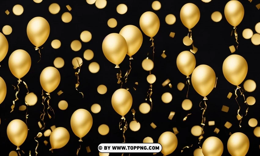 Festive golden balloons, Confetti celebration backdrop, Blurred bokeh party background, Golden inflatable balloons decor, Festive event ambiance, Confetti-filled background, Luxury party scene