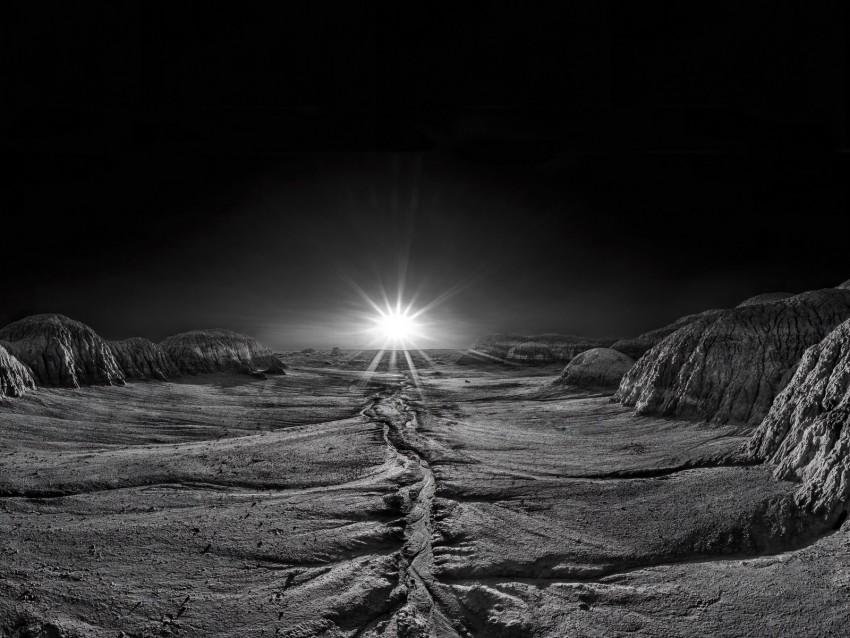 Sundawn Rays Shine Flash Stone Desert Landscape Bw Background