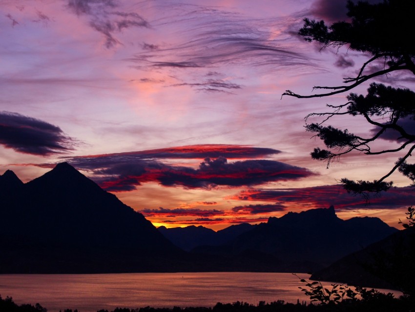 sunset, branches, sky, clouds, mountains