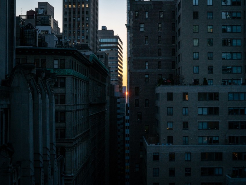 Sunset Buildings City Light New York Usa Background