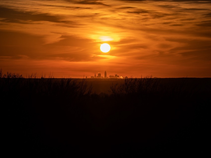 sunset, city, sun, sky, cleveland, ohio, usa