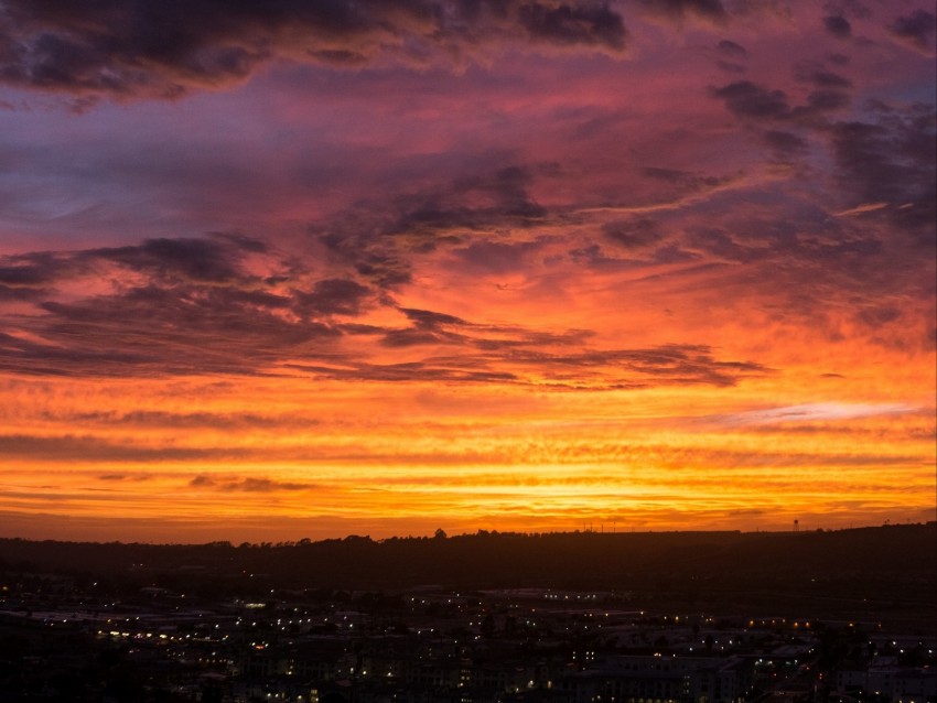 sunset, city, twilight, dark, horizon