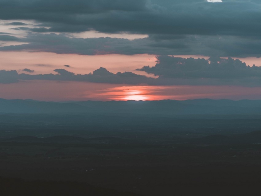 sunset, clouds, horizon, fog, dusk