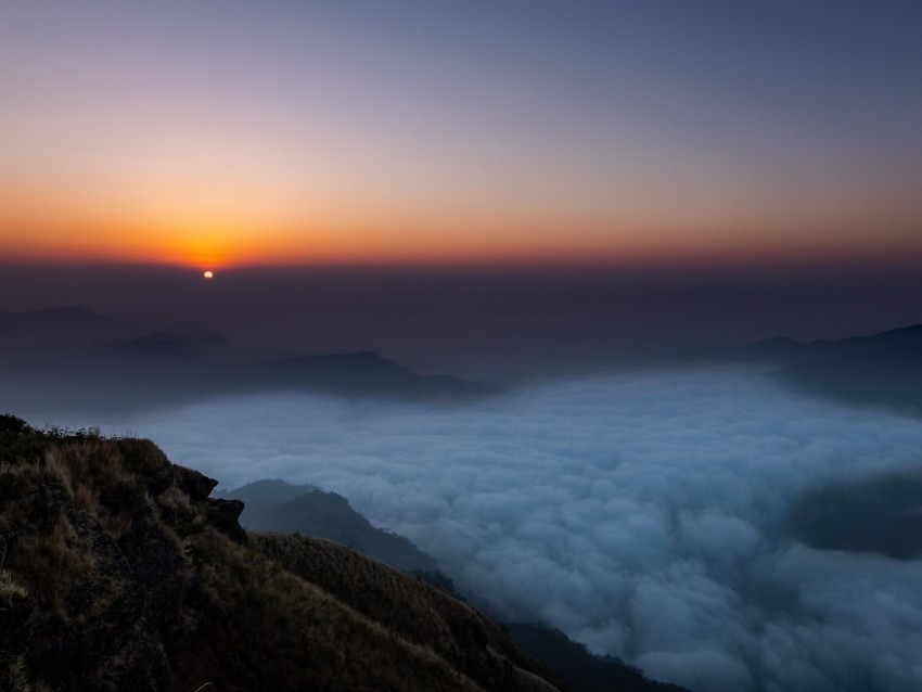 sunset, clouds, sky, fog, peak